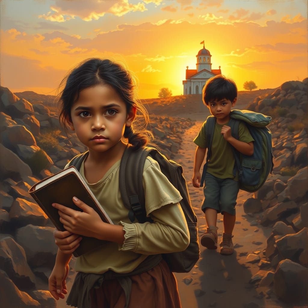 Children Walk Towards Hopeful Dawn, in Atmospheric Realism S...
