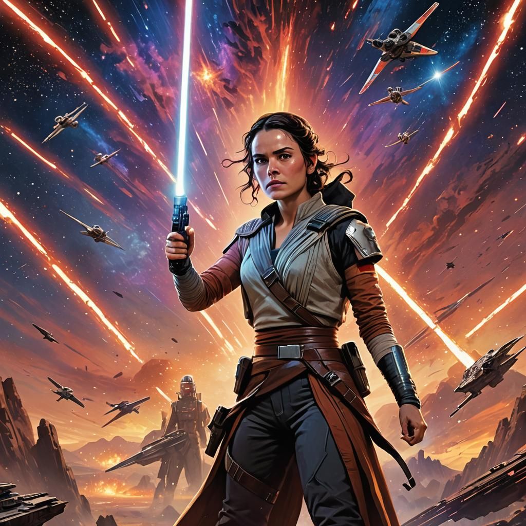 Rey Skywalker and Poe Dameron Amidst Fiery Nebula