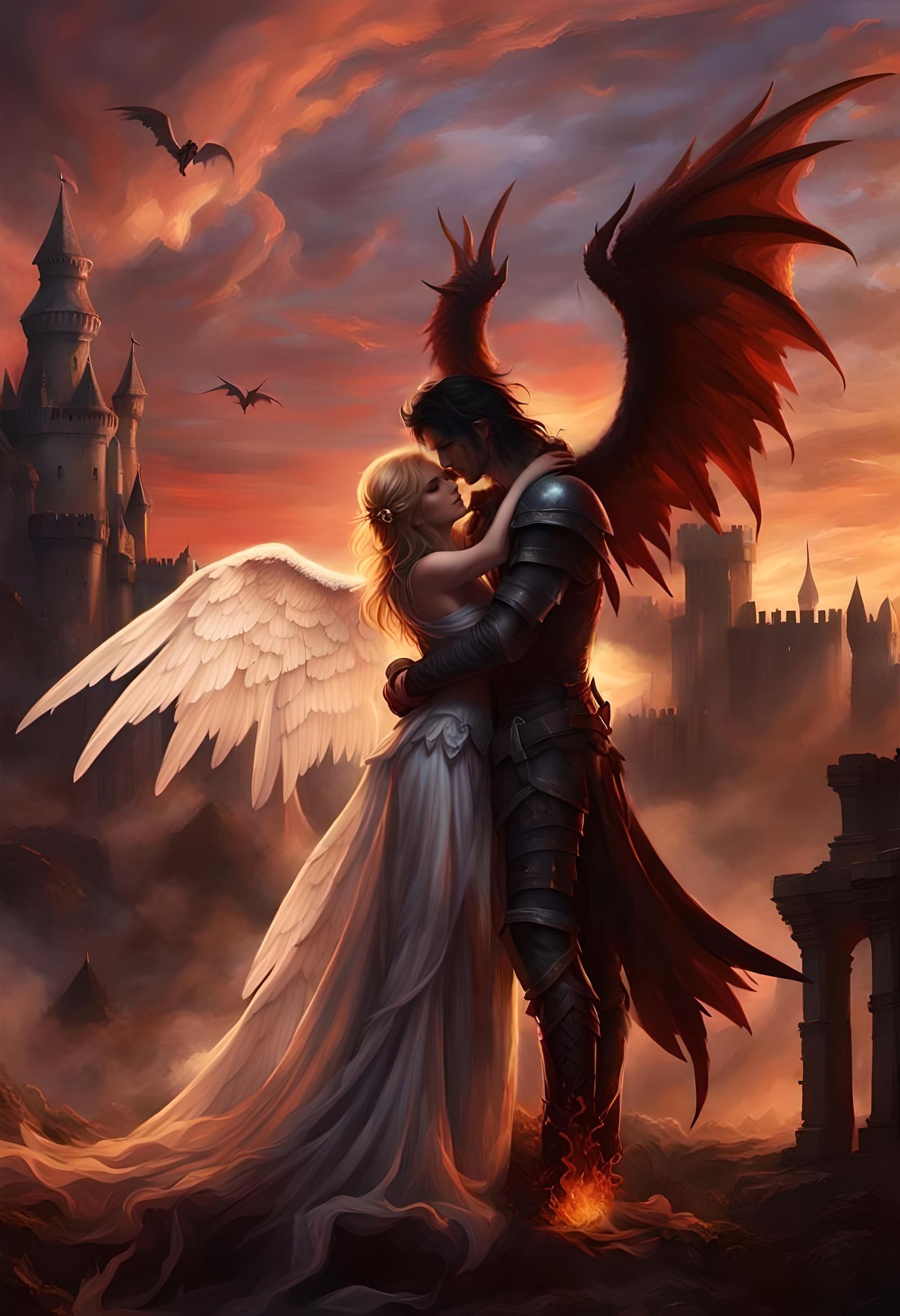 Angel and Demon Embrace in Post-Apocalyptic Landscape