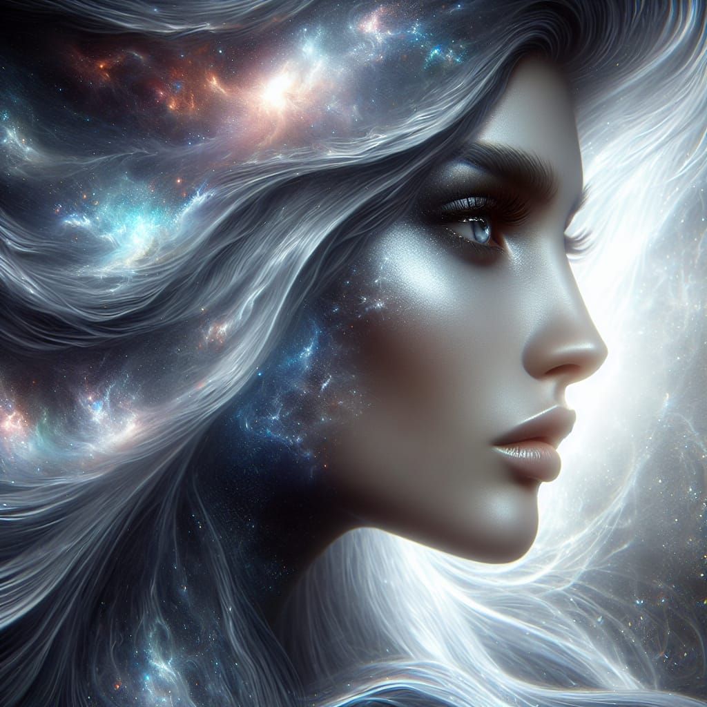 Goddess with Galactic Hair: A Hyperrealist Vision