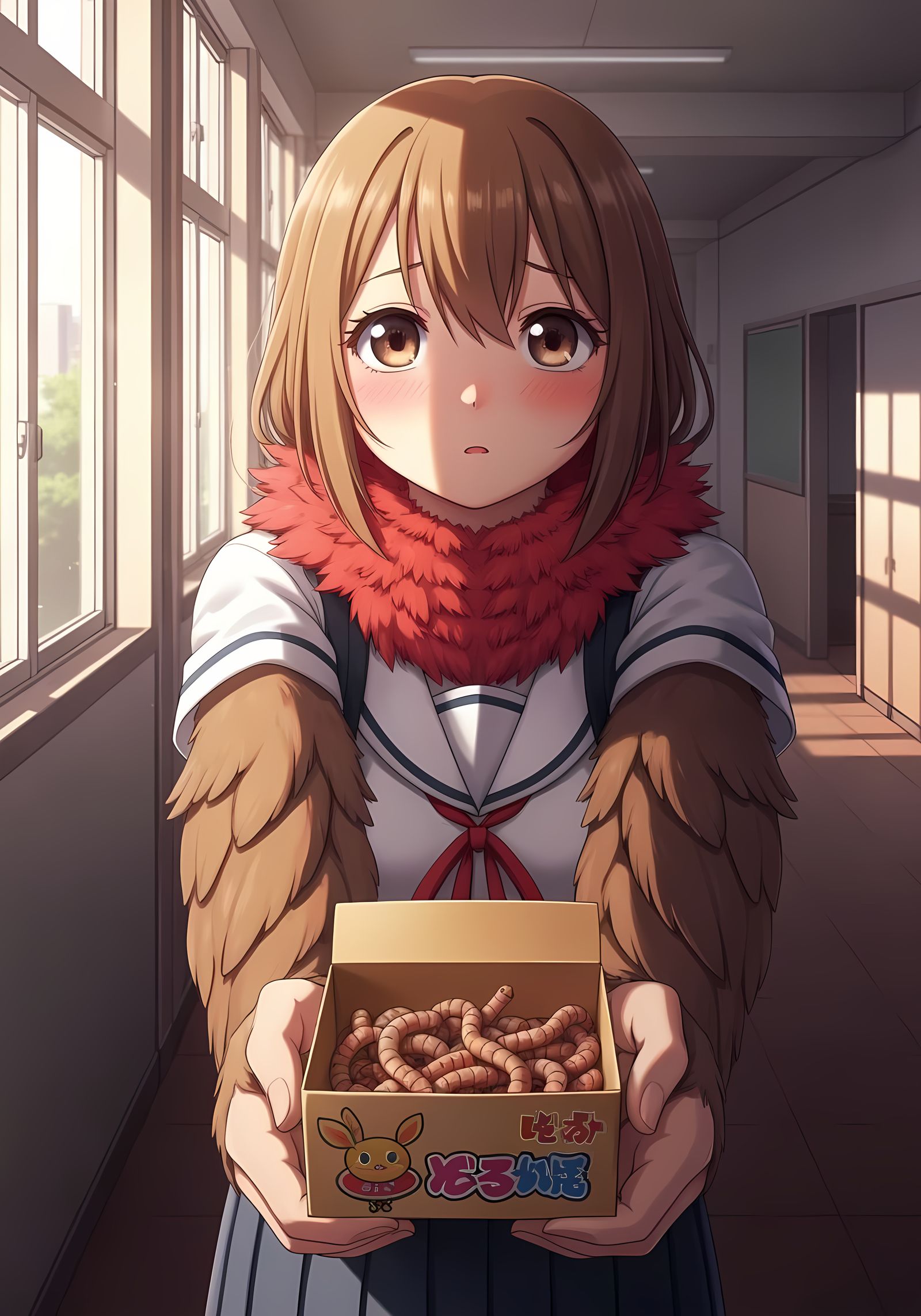 Anime Bird-Girl Offers Worms in School Hallway