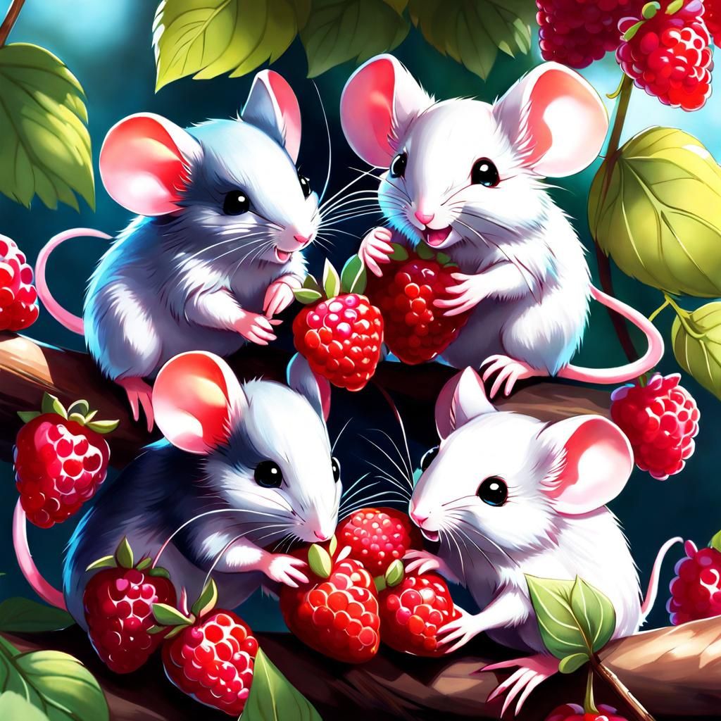 Anime Mice Teamwork for Berries in Hyper Detail