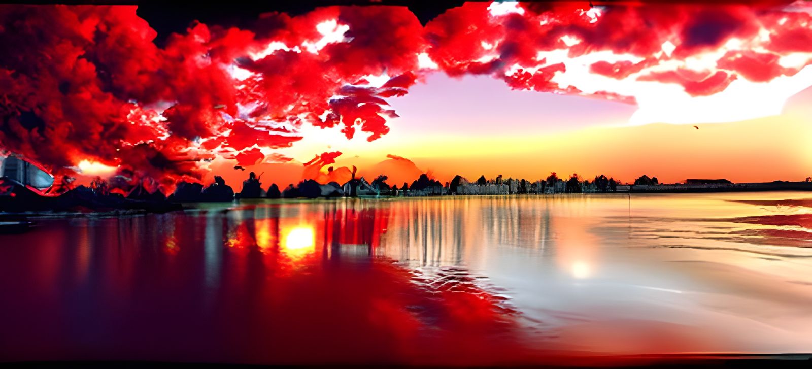 Red Sunset Clouds Reflecting in Water