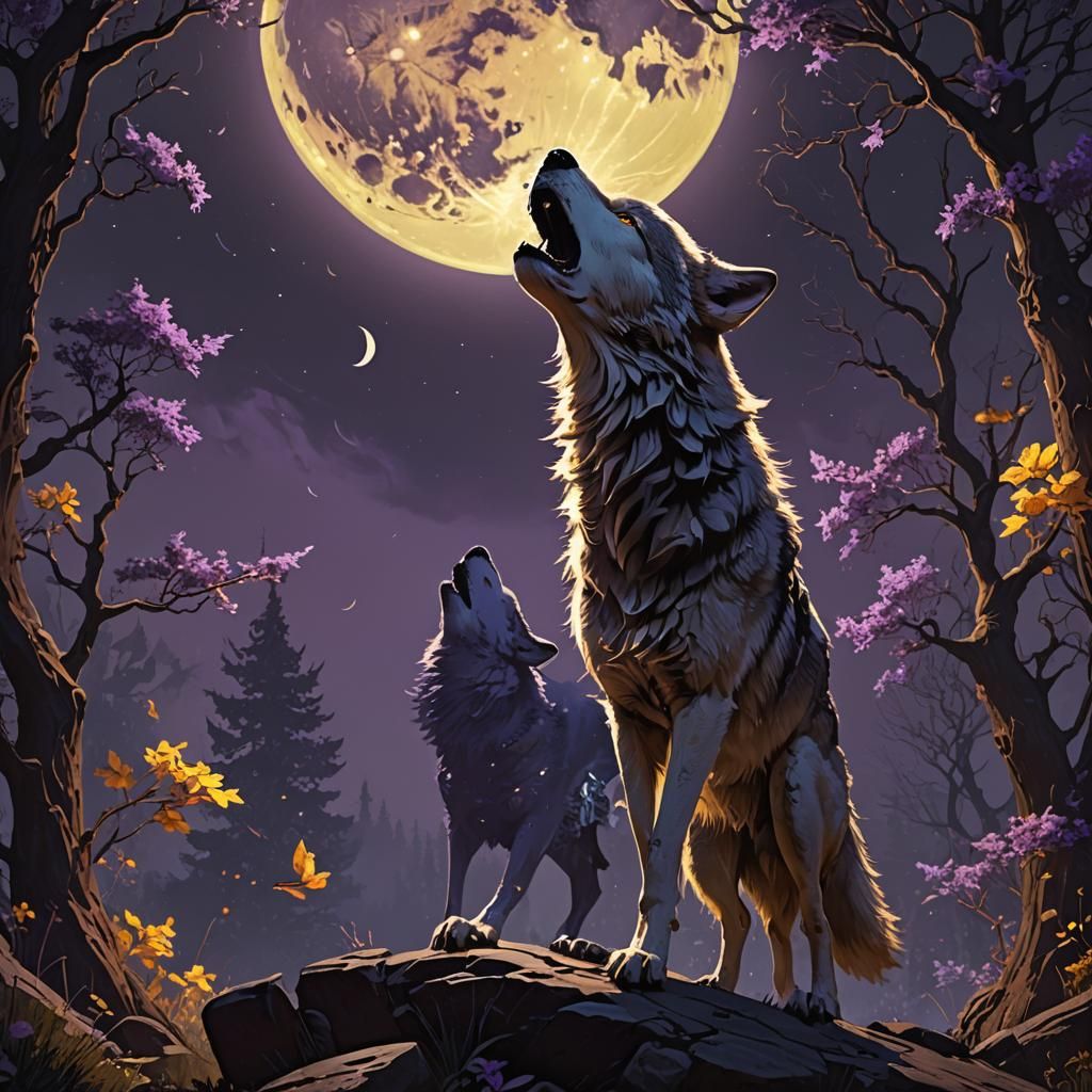 Majestic Wolf Howling at Moon in Dark Fantasy Style