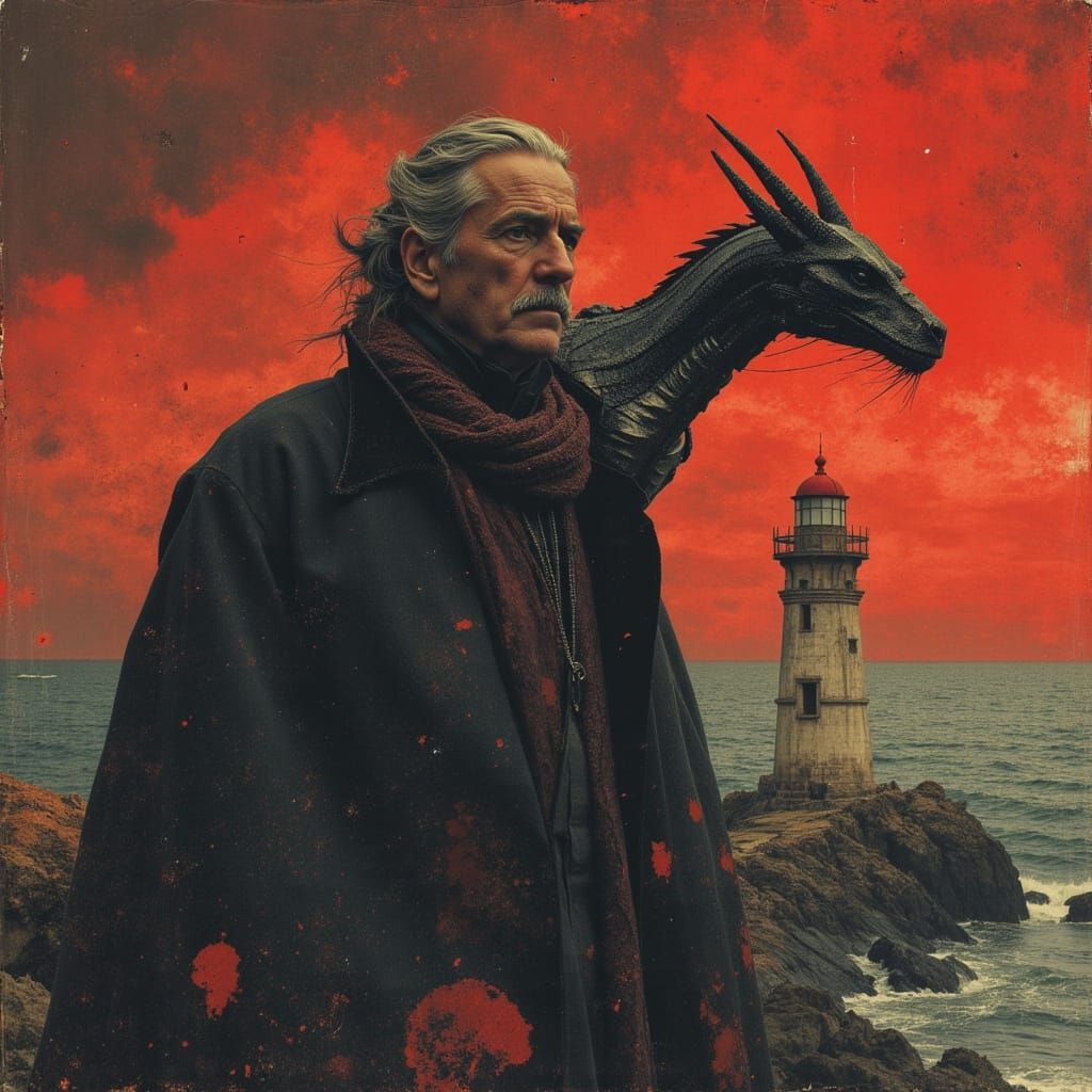 Lighthouse Keeper with Robotic Dragon in Stormy Sea