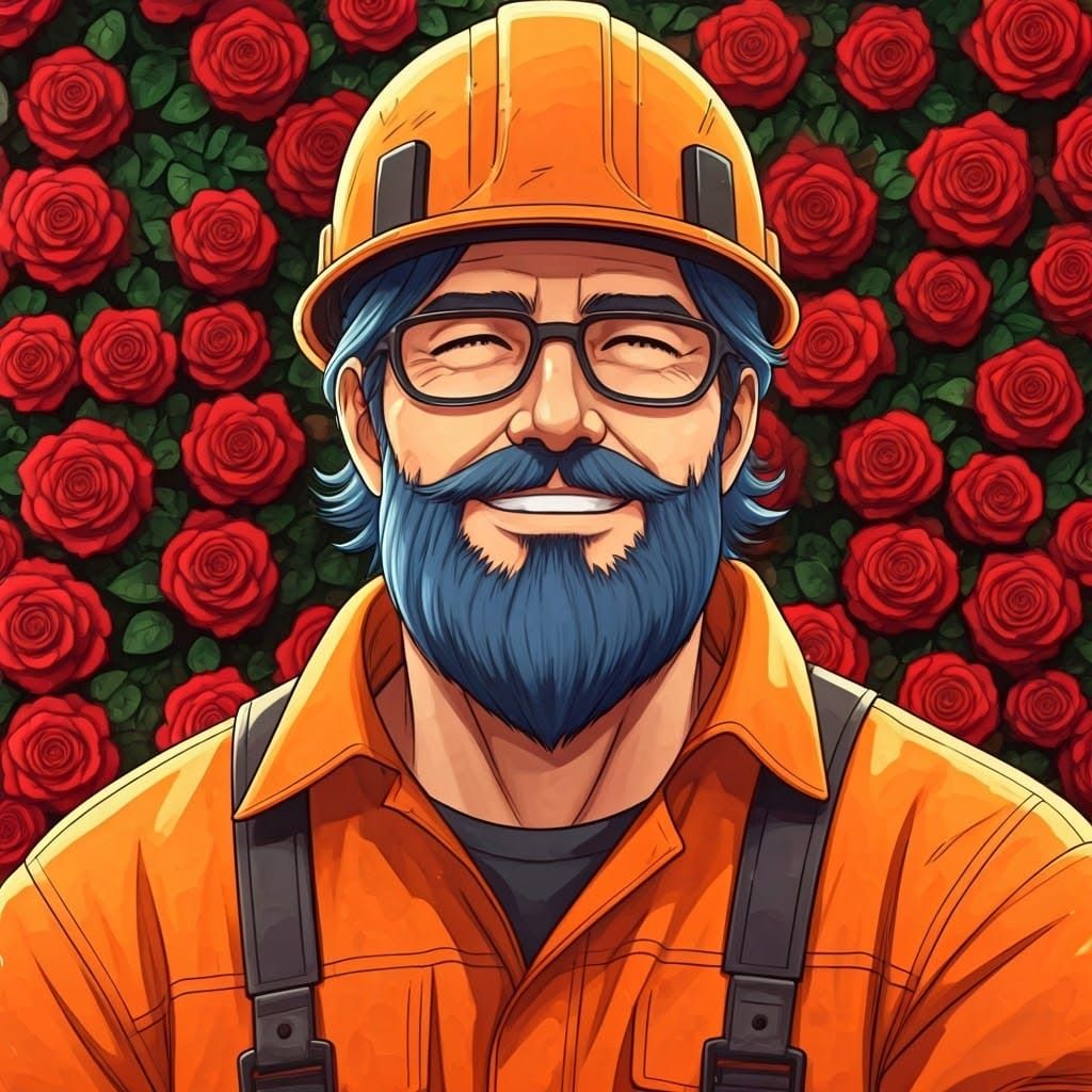 Watercolor Portrait of Blue-Haired Worker by Red Roses