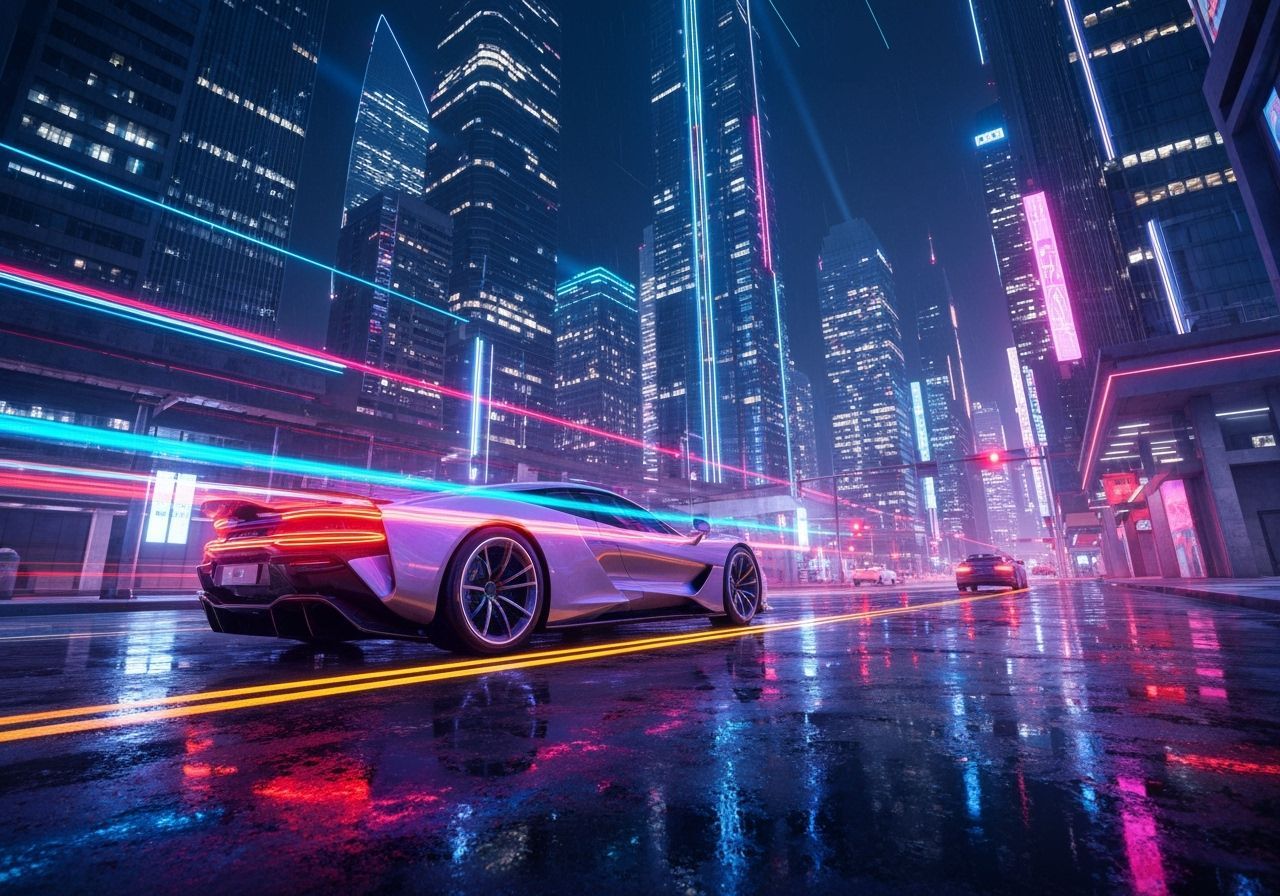 Futuristic White Sports Car in Neon Tunnel