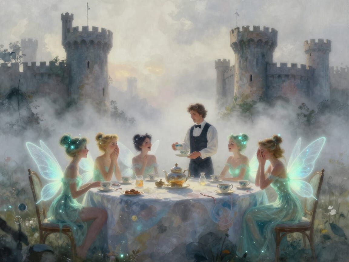 Fairies Gossiping Over Tea in Watercolor Landscape