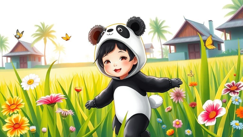 Whimsical Asian Girl Plays in Vibrant Rice Paddies
