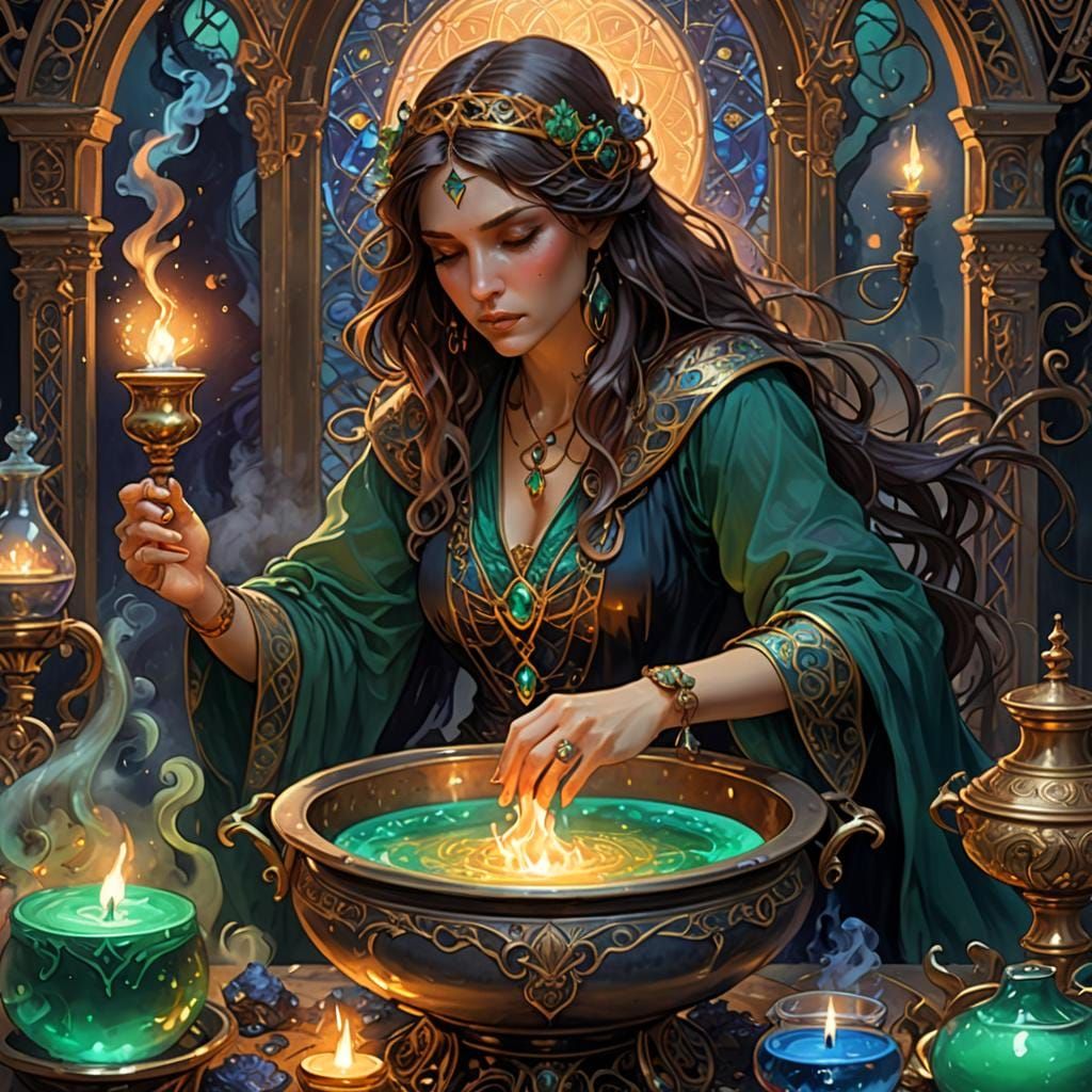 Enchanting Sorceress Brewing Magic, Art Nouveau Style