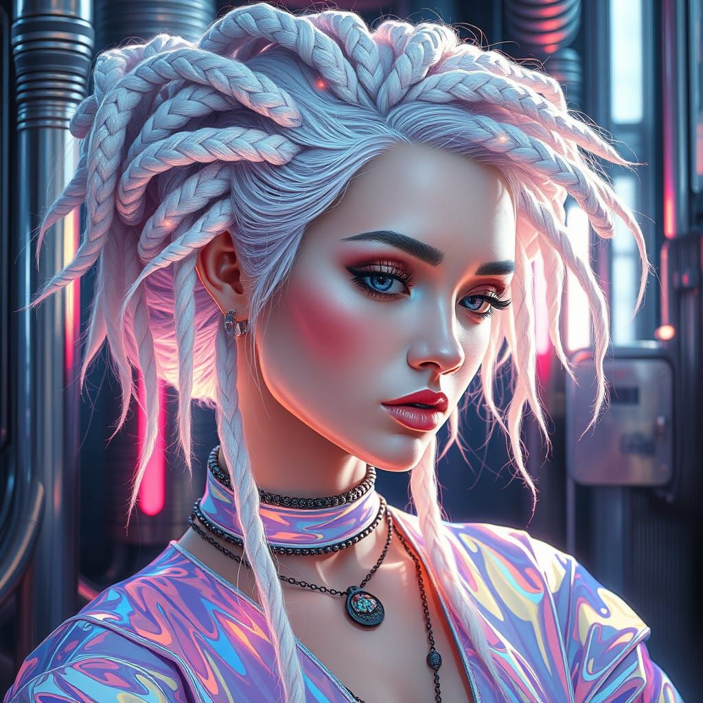 Woman with Silver Hair Sculptures in Neon Lighting