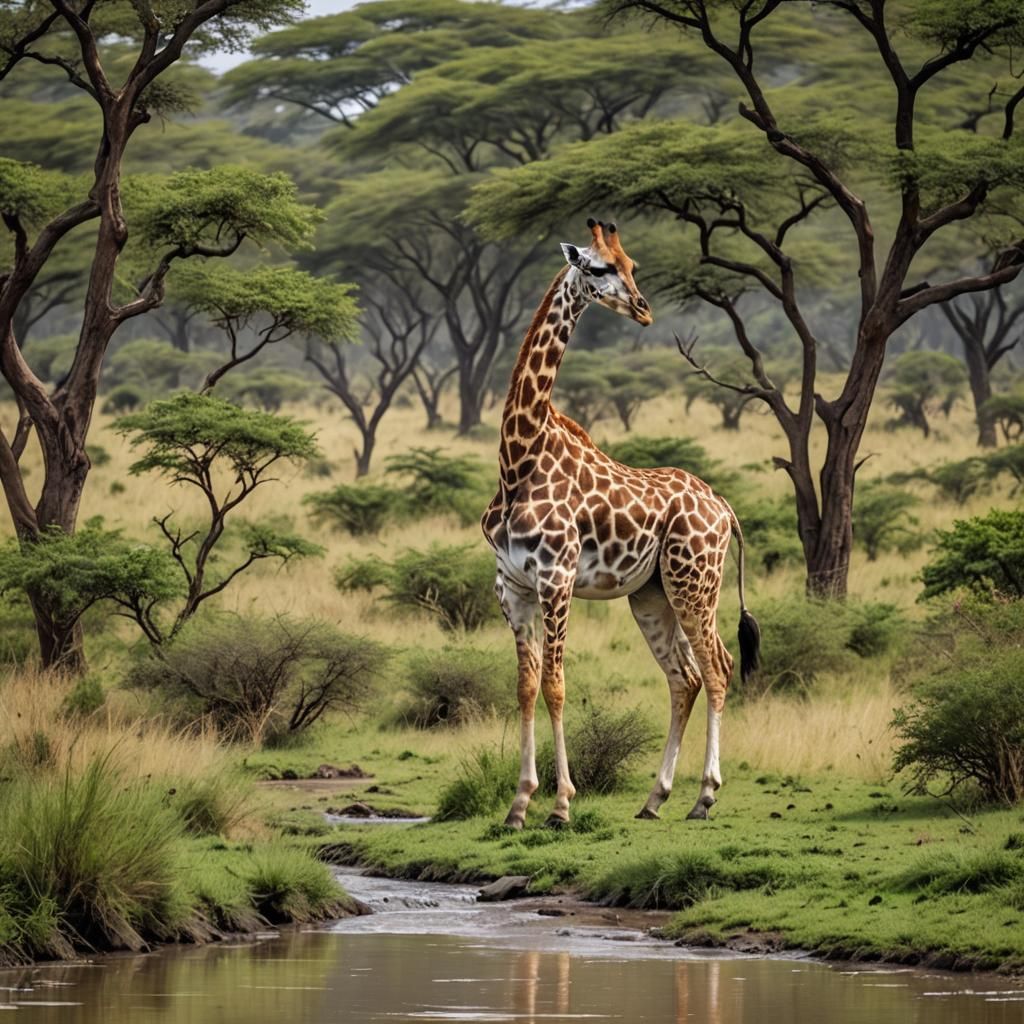 Giraffe in African Savanna Landscape