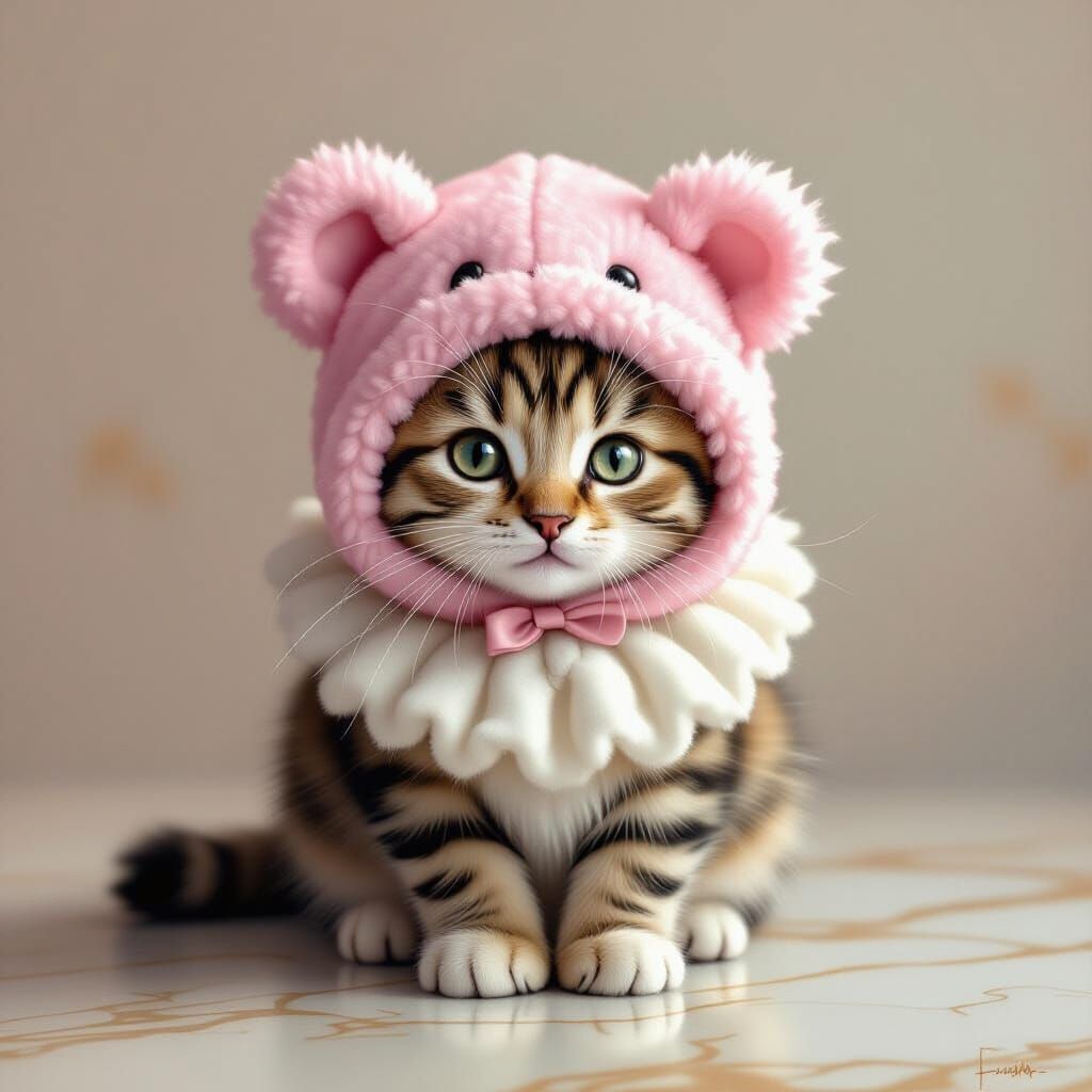Cat in Pink Teddy Bear Hat: Whimsical Realism