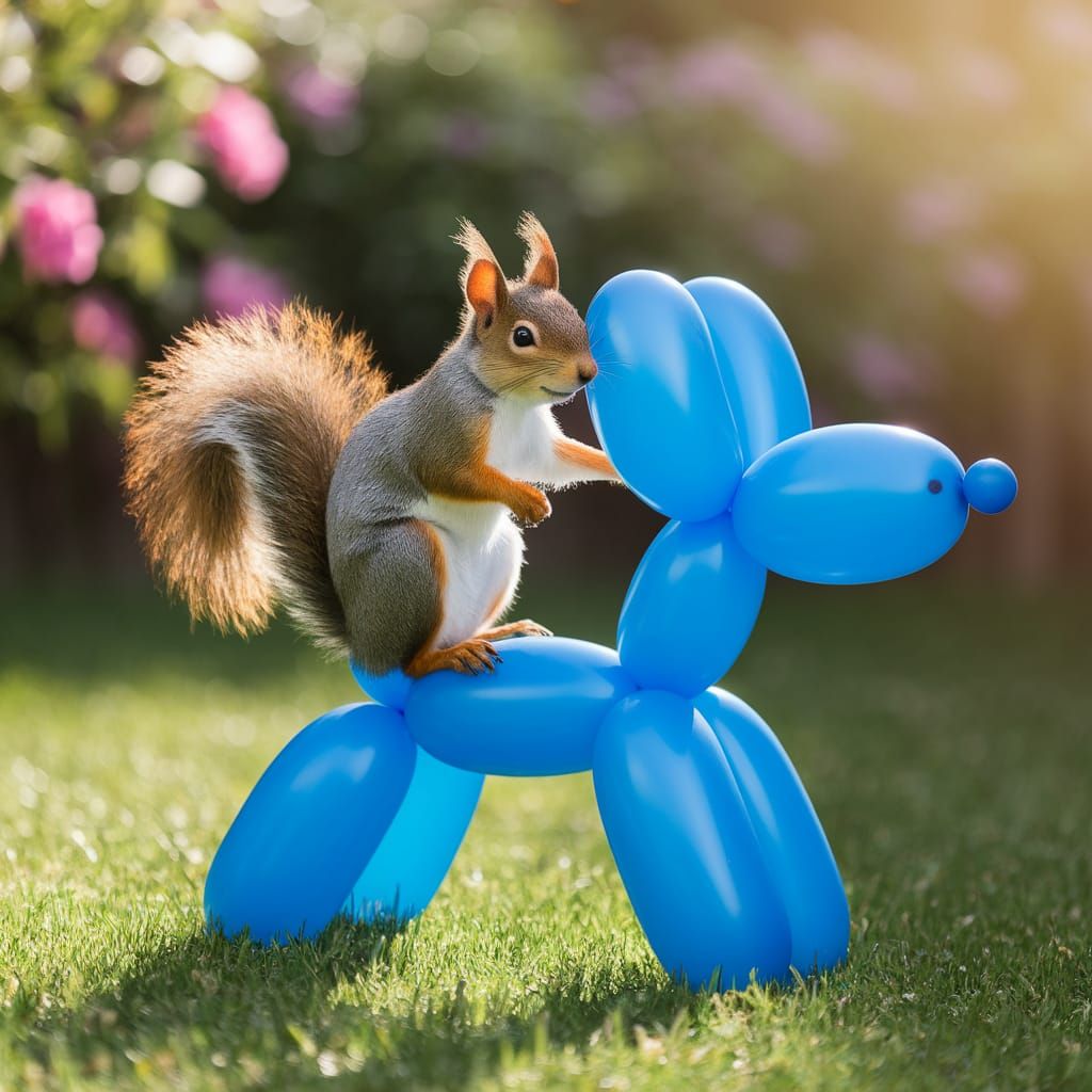 Squirrel Rides Balloon Dog in Sunny Garden