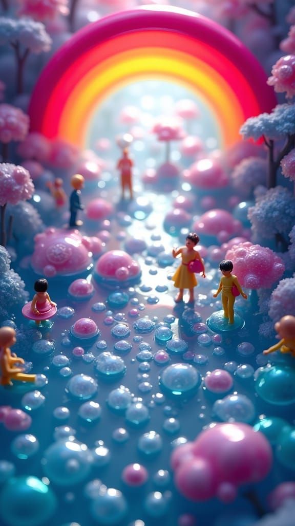 <lora:Mini World:1.0> plastic miniature people, vibrant infinite pool with luminescent bubbles, vivid rainbow arching ov...