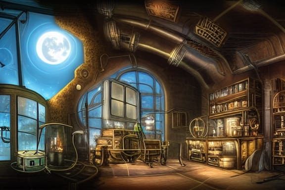 Mad scientist steampunk laboratory with moonlight through a large glass window