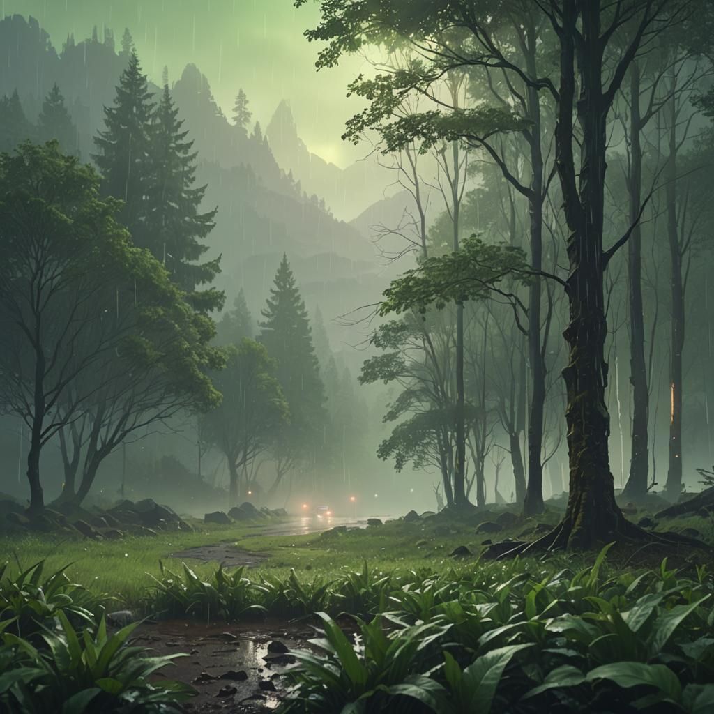 Misty Rain Forest Landscape in Digital Painting
