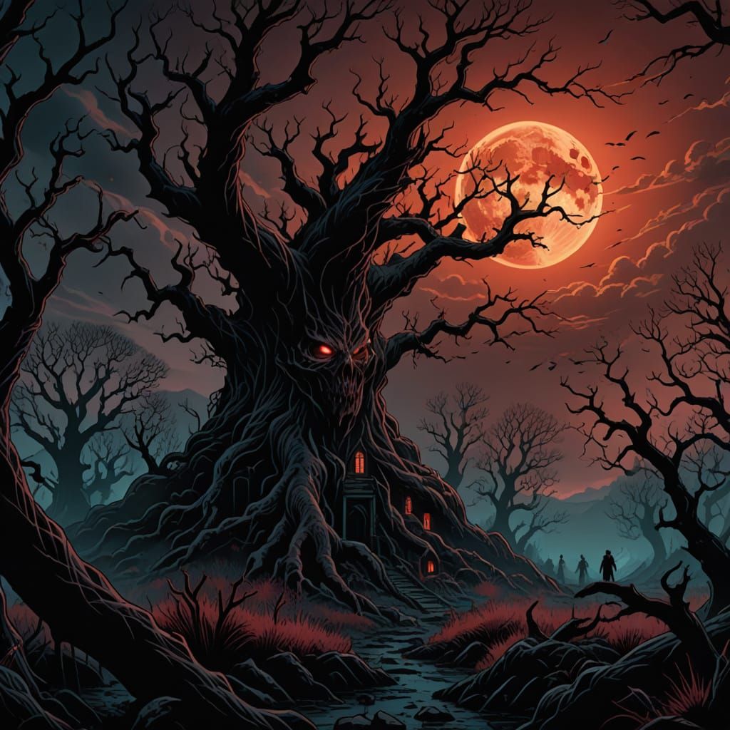 Dark Fantasy Island Under Blood Moonlit Sky