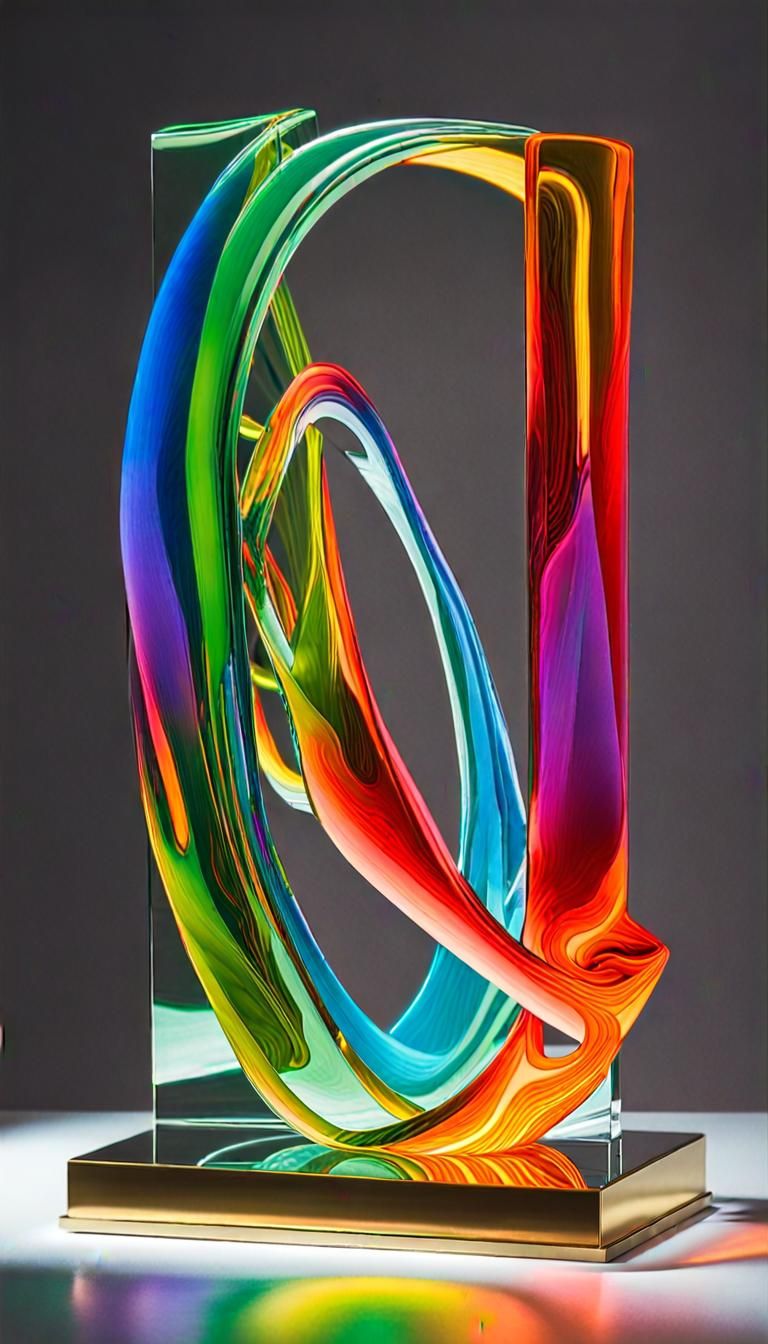 Abstract Glass and Brass Sculpture in Rainbow Neon
