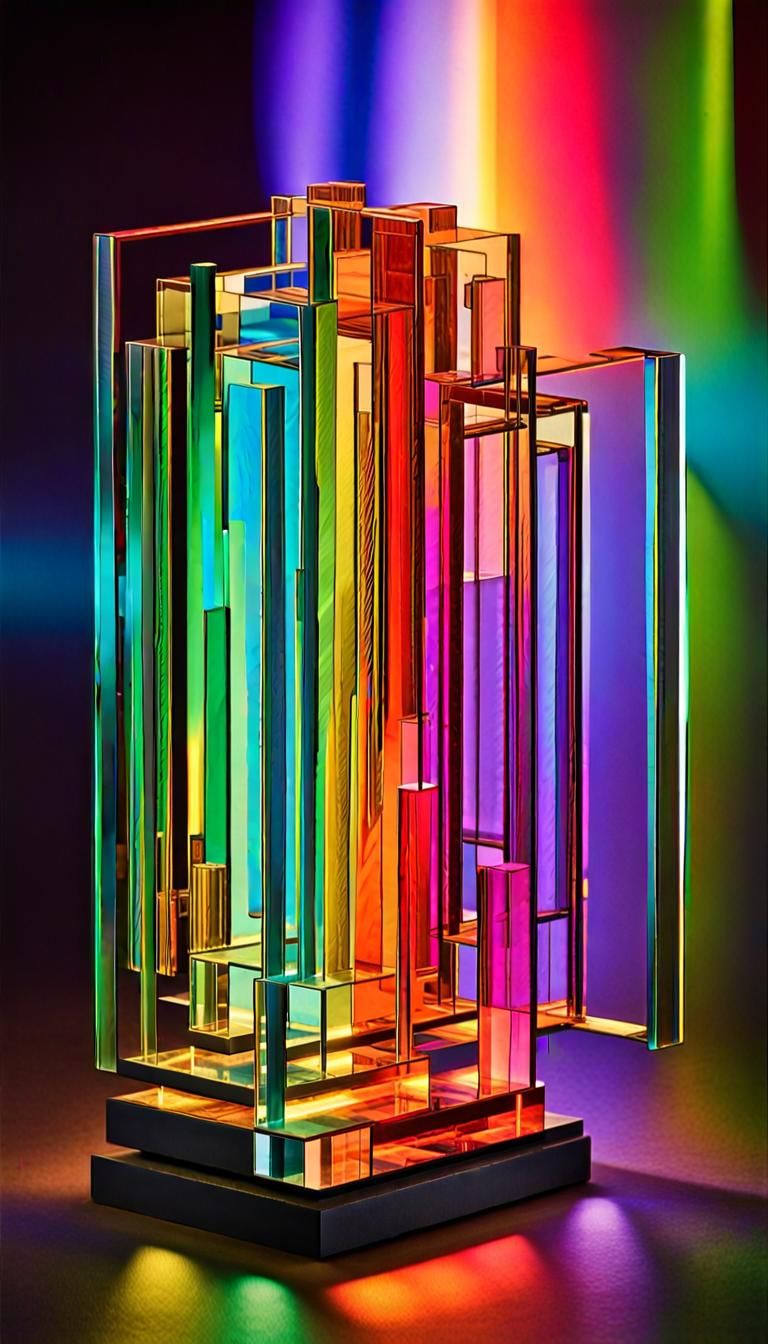 Abstract Glass Sculpture in Rainbow Neon Colors