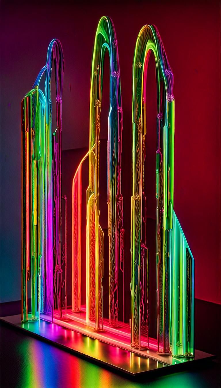 Abstract Glass Sculpture in Rainbow Neon Colors