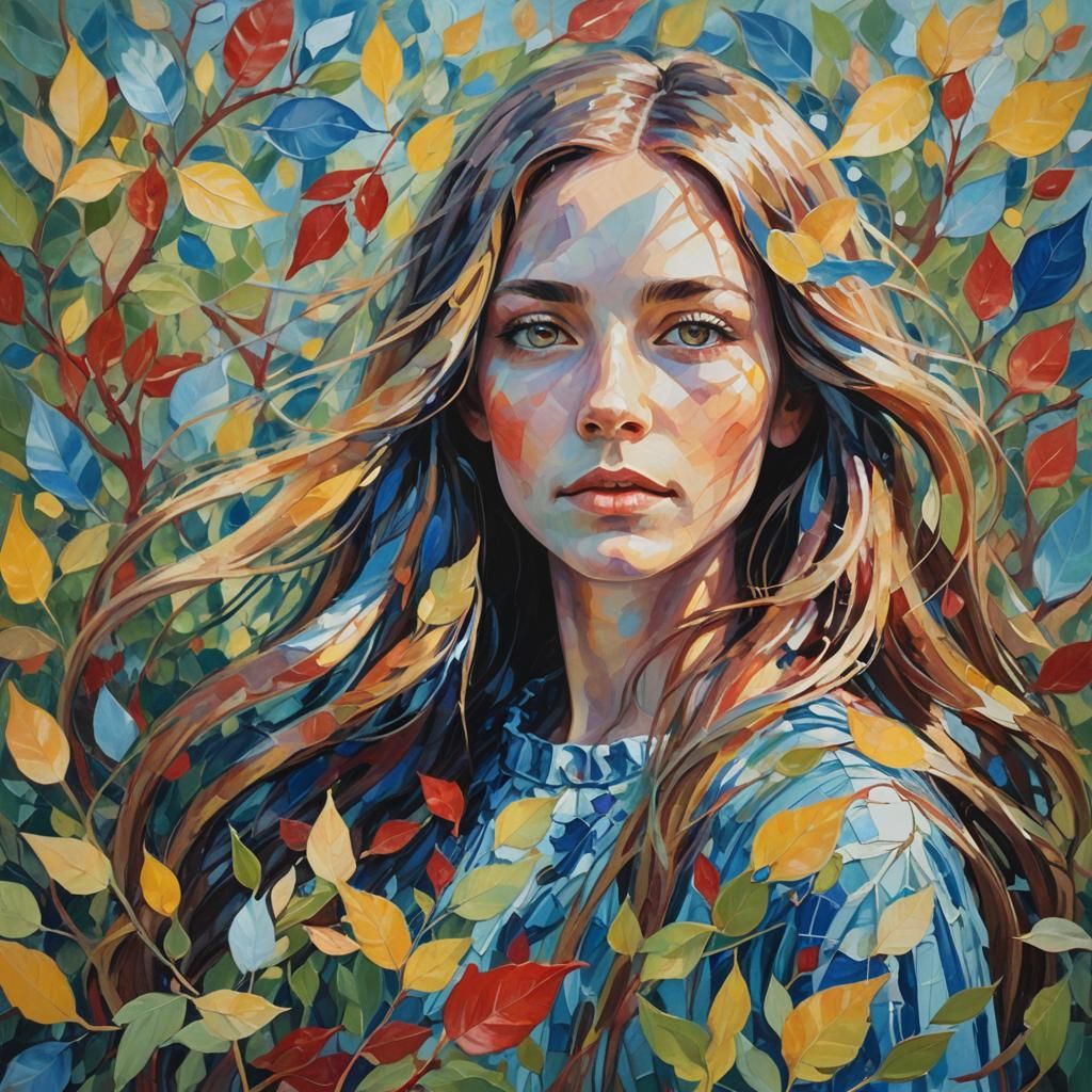 Girl with Leaf Hands in Abstract Garden