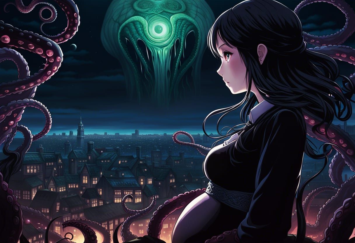 Gothic Pregnant Girl and Lovecraftian Horror, Anime Art
