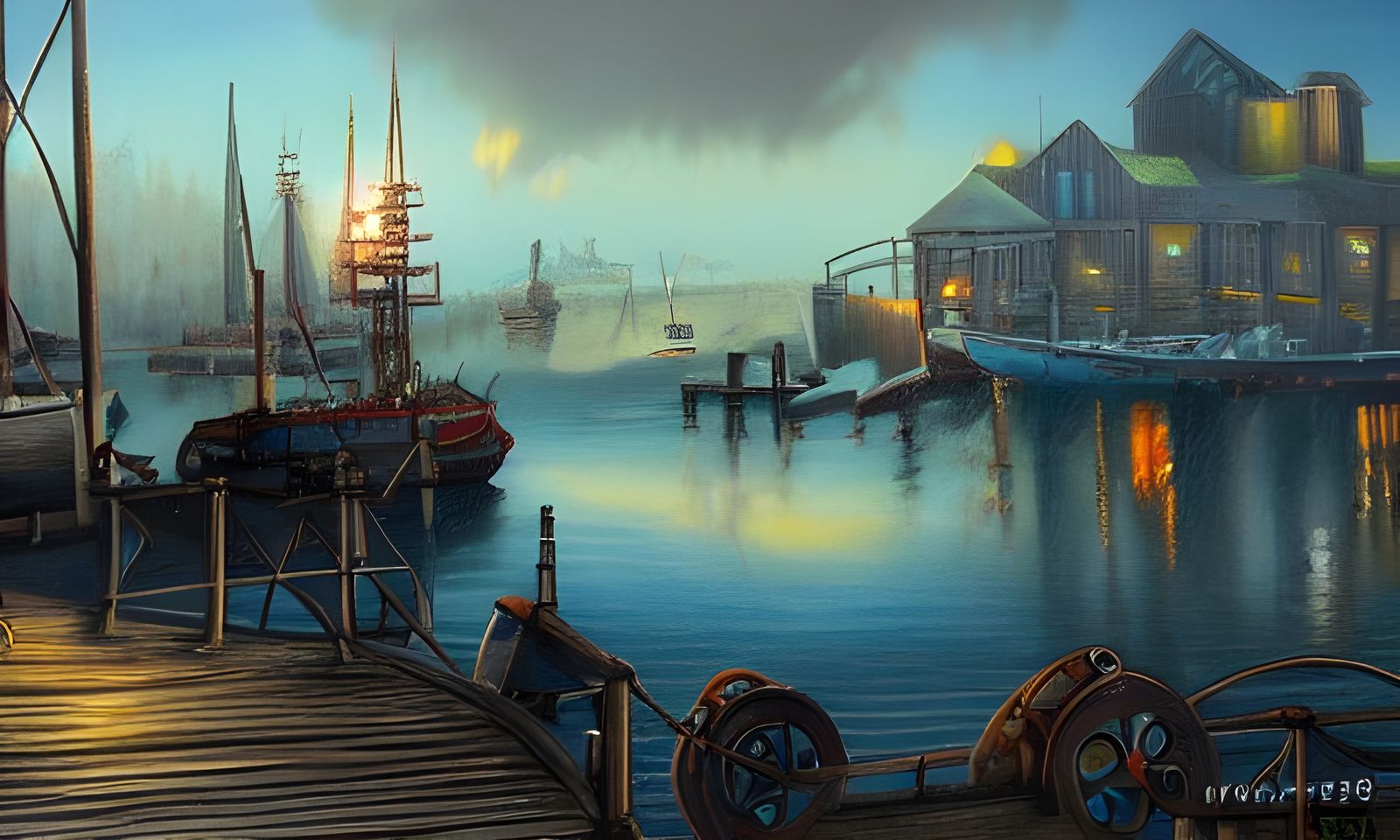 Steampunk Harbor and Docks Oil Painting