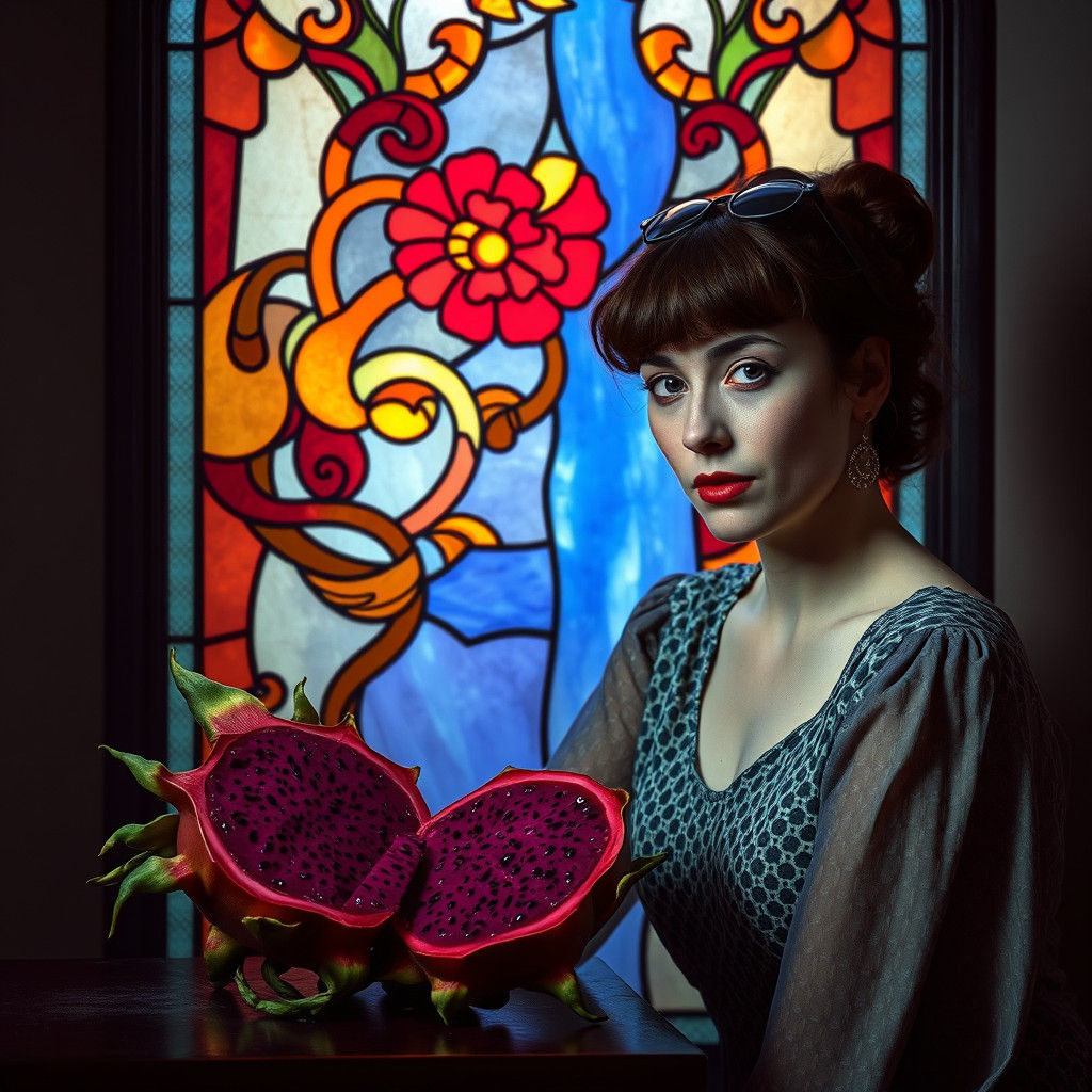 Stained Glass Dragonfruit Still Life in Retro Photography