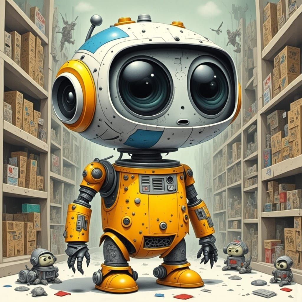 Cute Robot in Toy Store, Watercolor Style