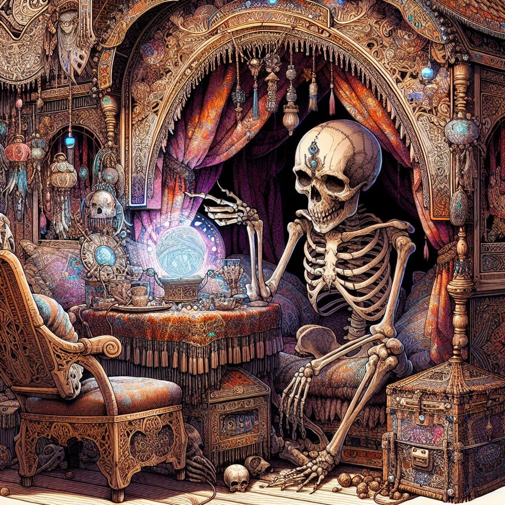 Skeletal Fortune Teller Beckons in Anime-Inspired Gypsy Cara...