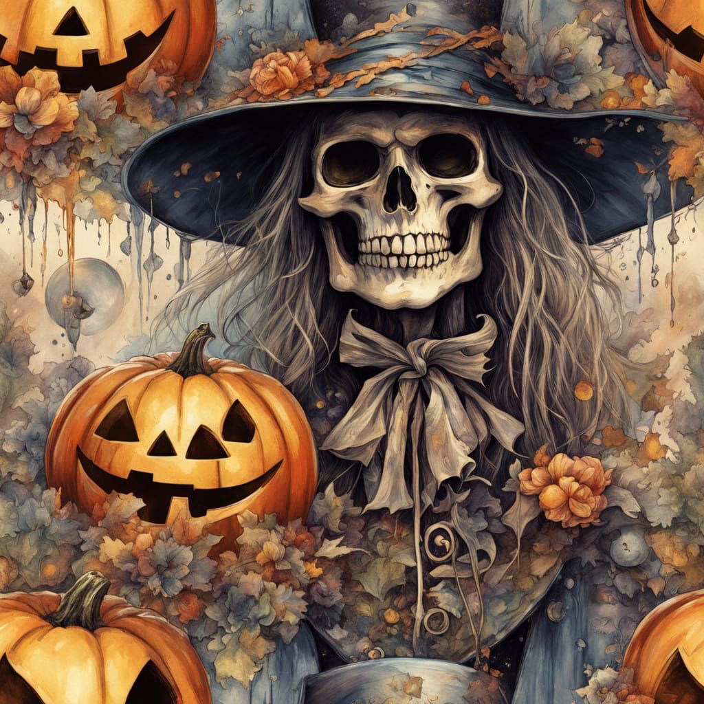 Skeleton Scarecrow with Ghosts and Ghouls