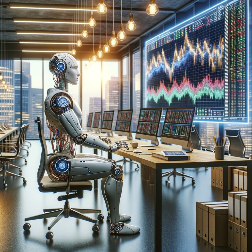 Humanoid Robot Analyzes Stock Data in Modern Office