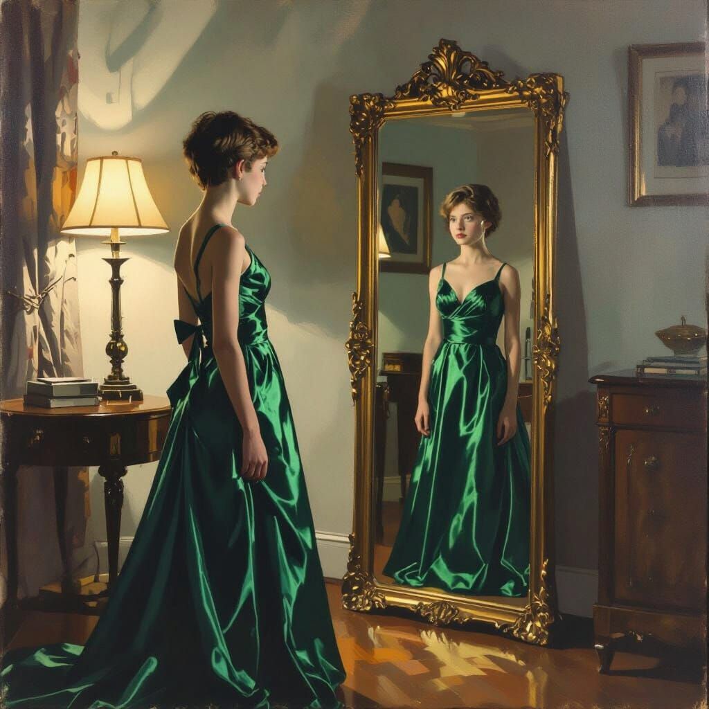 Teen Boy Tries Mom's Emerald Gown in Moody Light