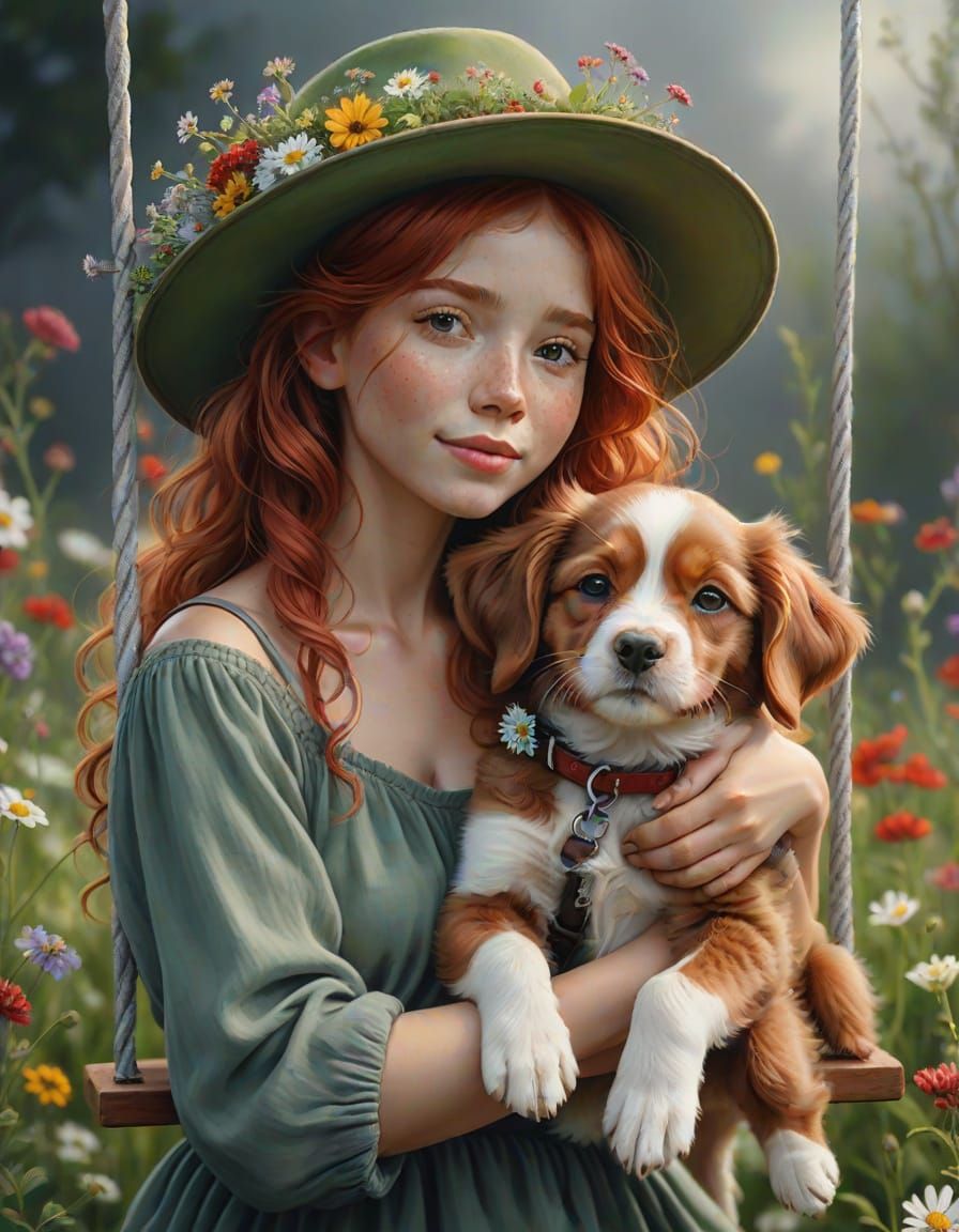 Woman Hugs Puppy on Swing in Photorealistic Painting