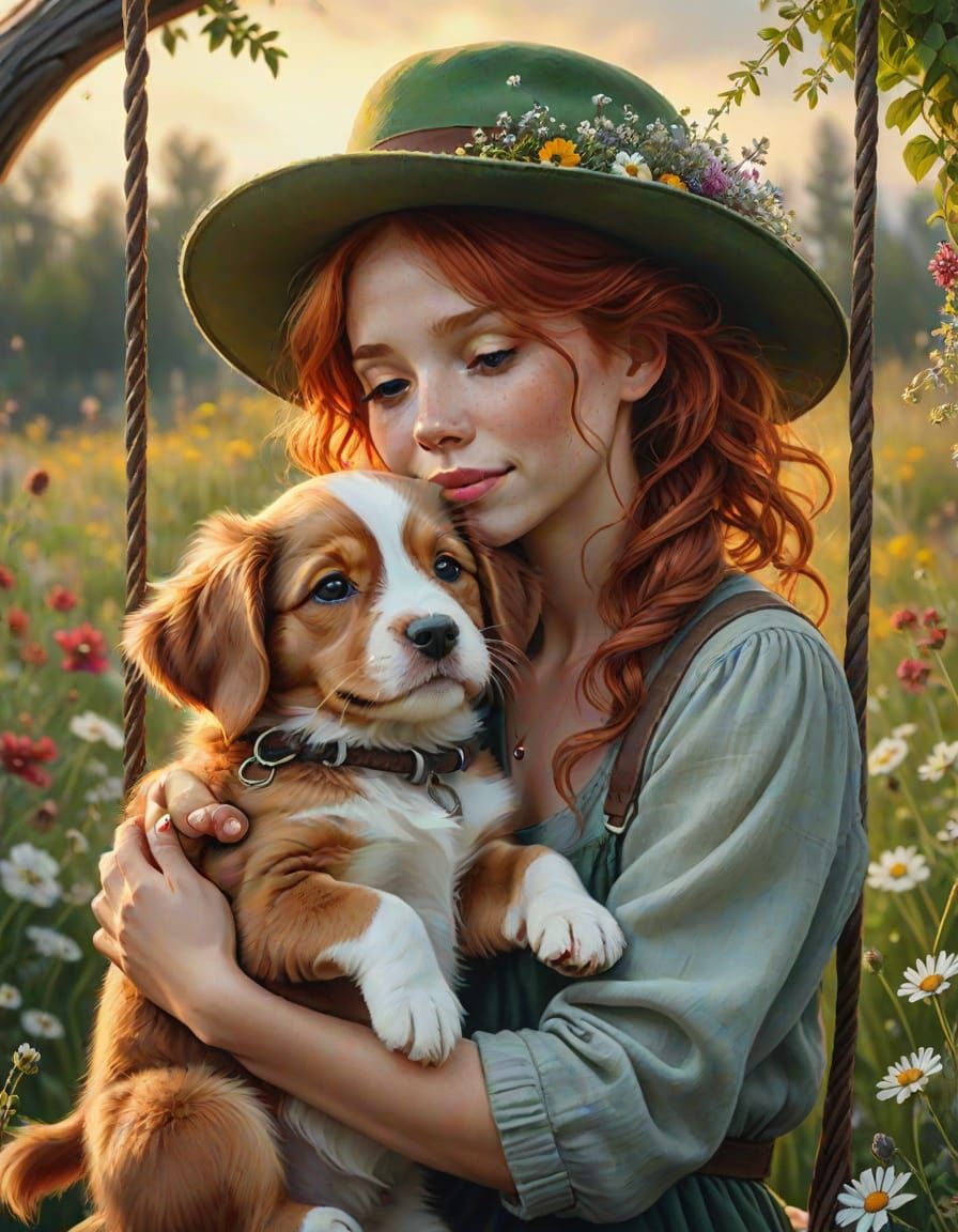 Woman Hugs Puppy on Swing in Photorealistic Oil Painting