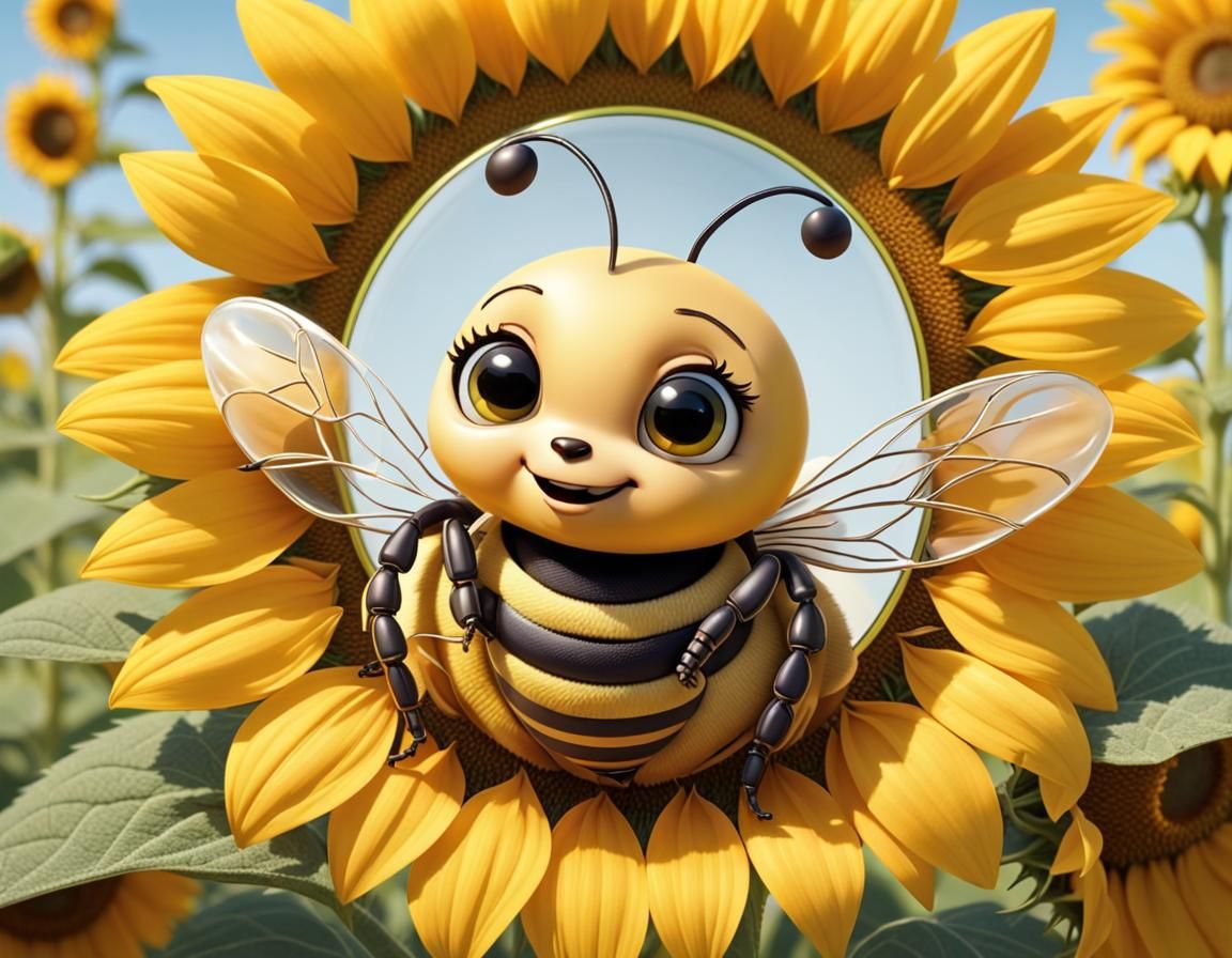 Cute Anthropomorphic Bee on Sunflower
