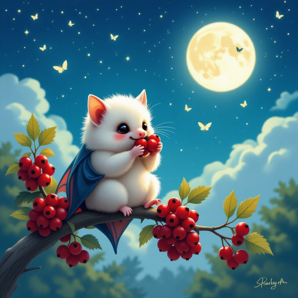 Fluffy Bat Munching Berries on a Starry Night