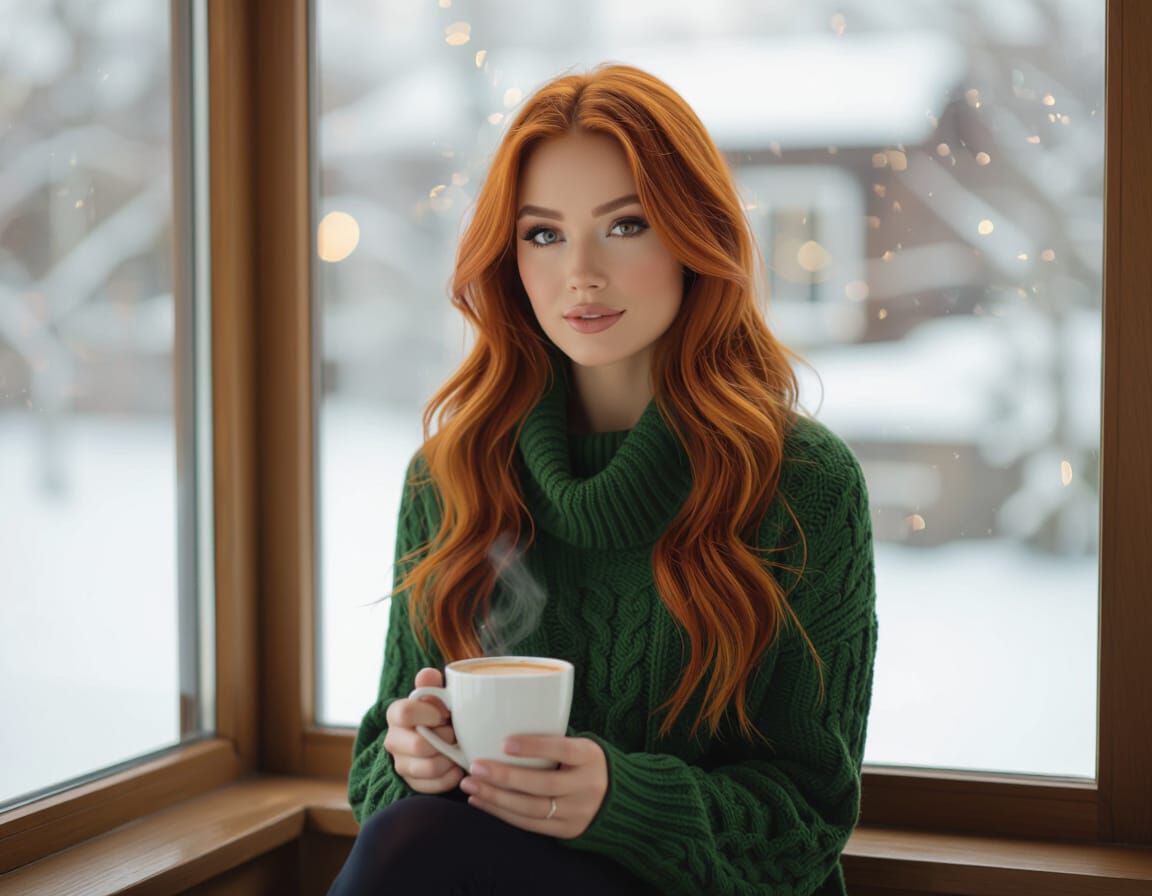Ginger Woman with Hot Chocolate in Window Nook