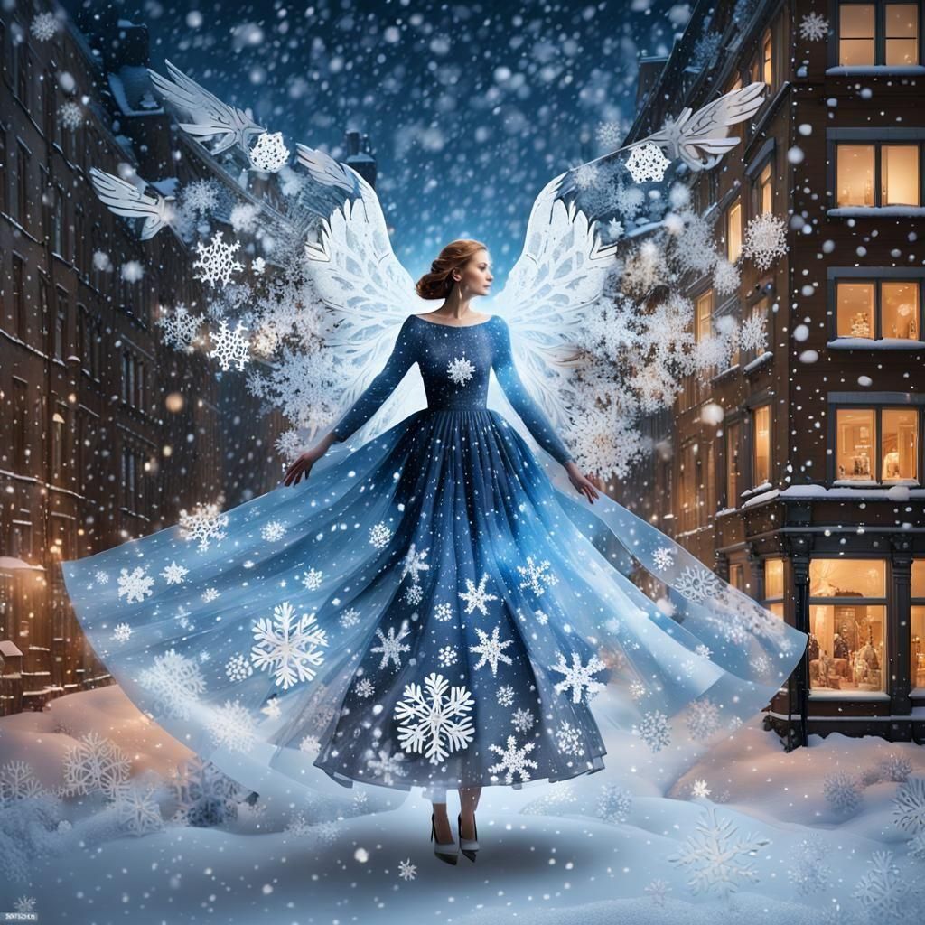 Winter Angel in Ethereal Snowflakes Projection