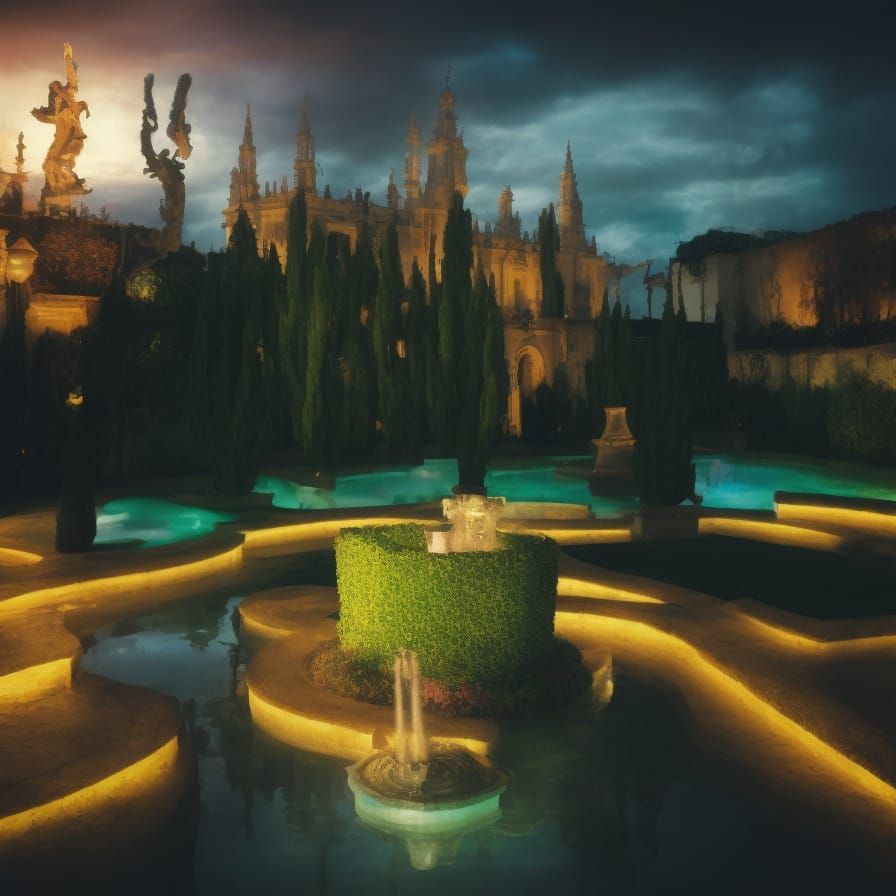 Surreal Garden Maze with Flowering Hedges, Salvador Dali Sty...