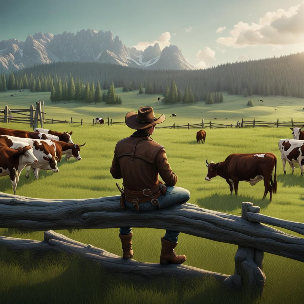 Cowboy Overlooking Pasture in Detailed Matte Painting