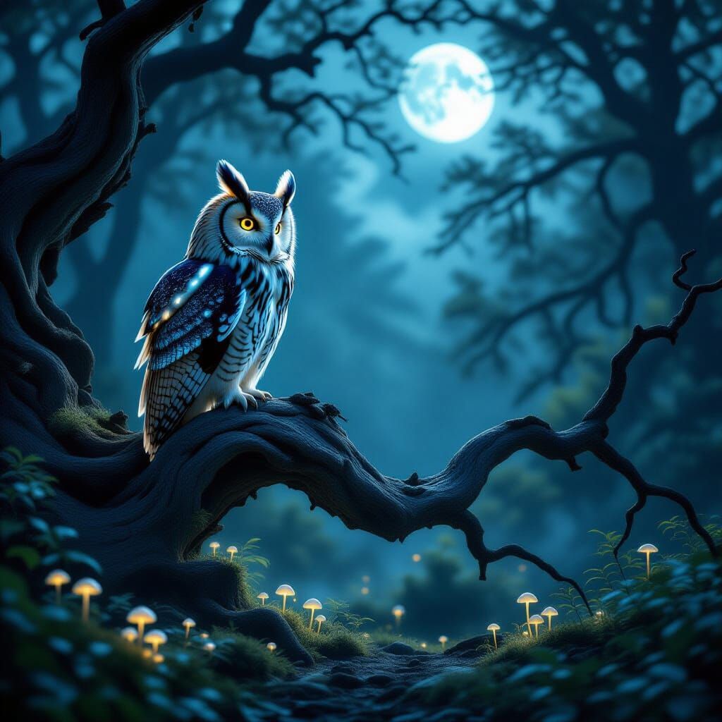 Majestic Owl with Glowing Feathers in Mystical Forest