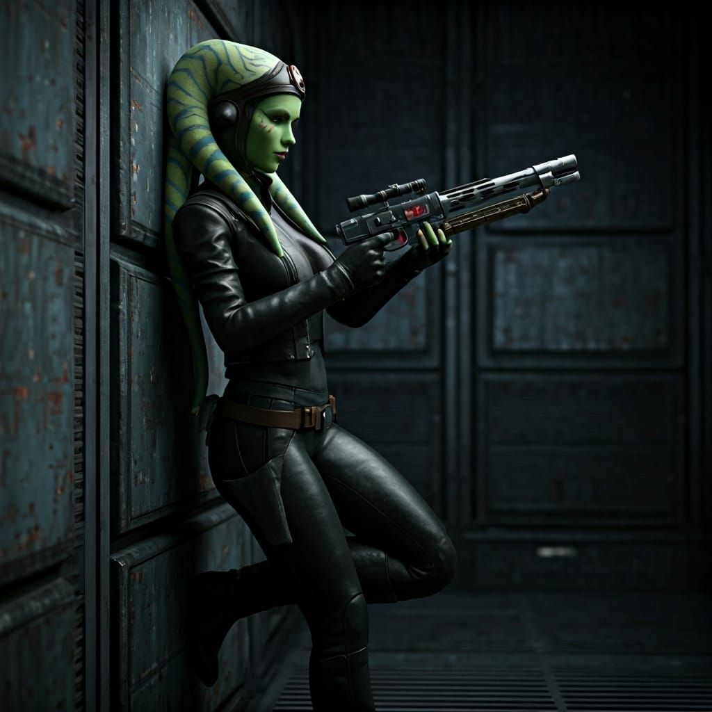 Twi'lek Mercenary Inspects Blaster in Sci-Fi Setting