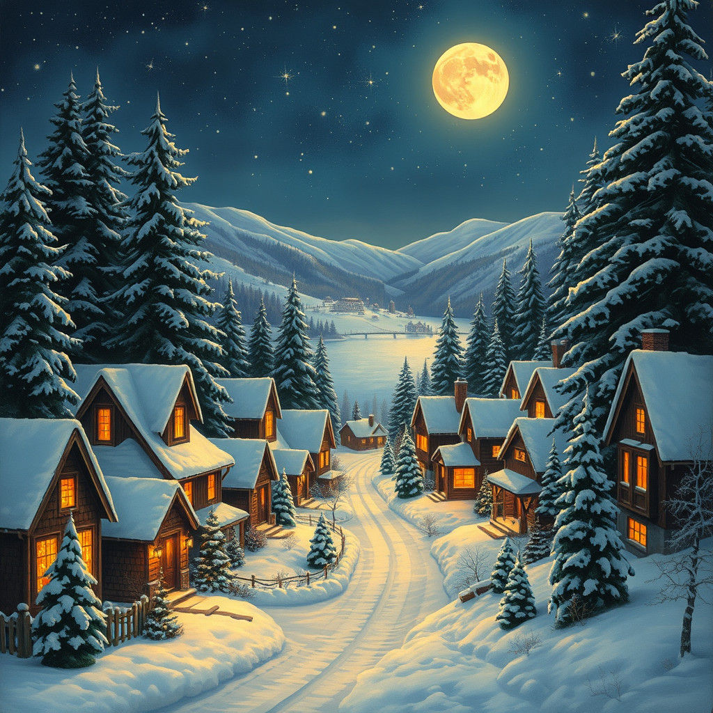 Snowy Christmas Eve Village in Romantic Realism