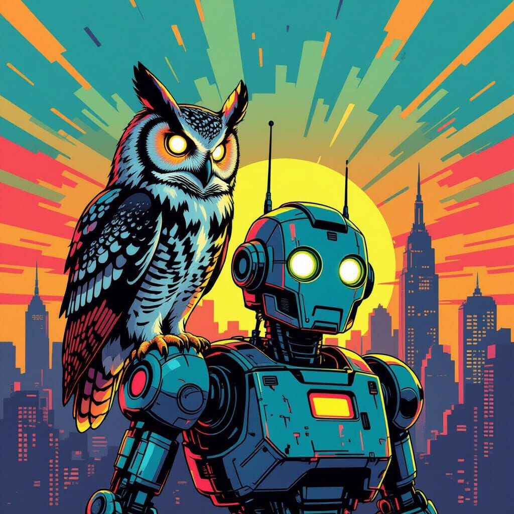 Owl on Robot Shoulder in Pop Art Style