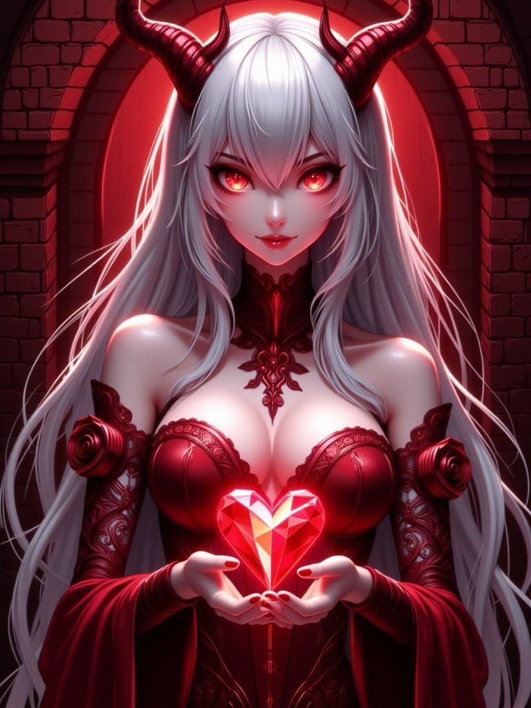 A stylized anime illustration of a beautiful female demon with long flowing white hair, curved red horns, and elegant re...