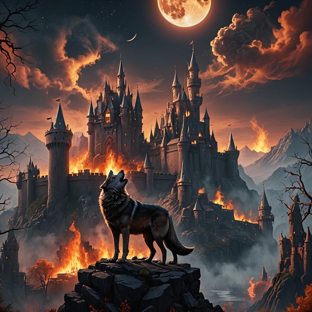 Wolf Howling at Moonlit Castle Ablaze