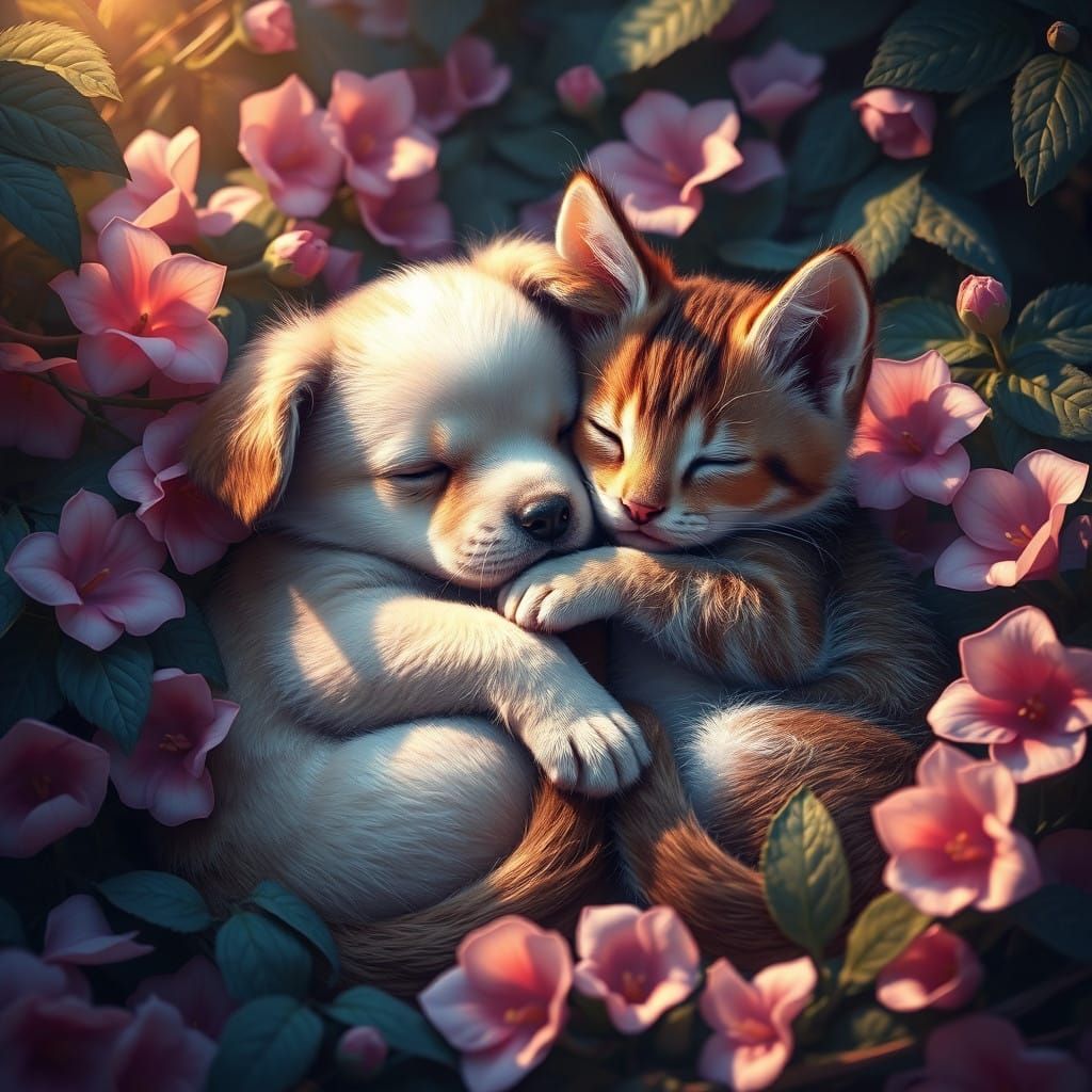 Whimsical Puppy and Kitty Duo in Dreamlike Landscape