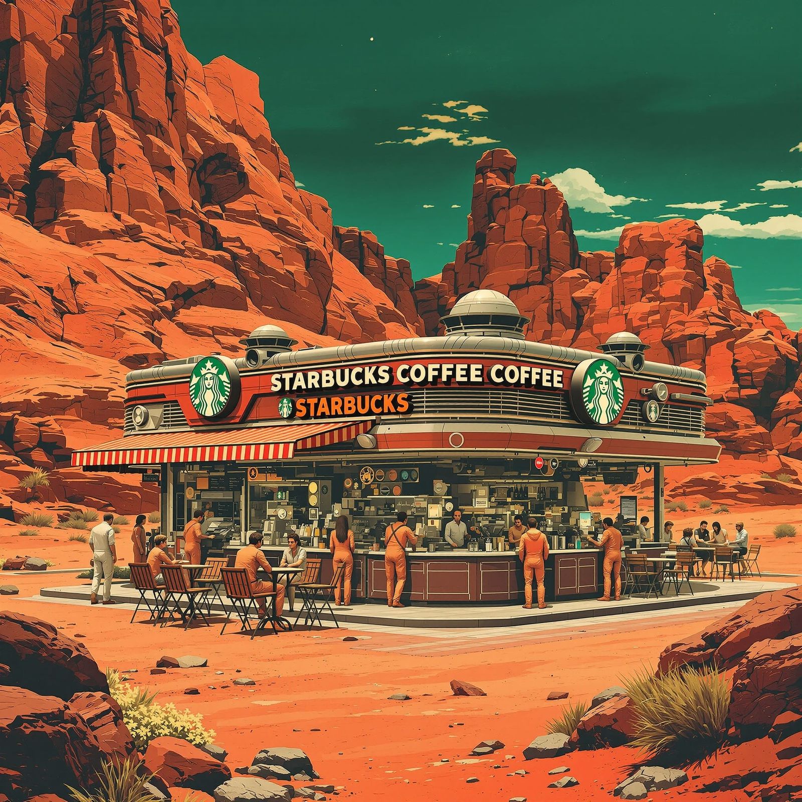 Bustling Starbucks on Mars in Retrofuturistic Style
